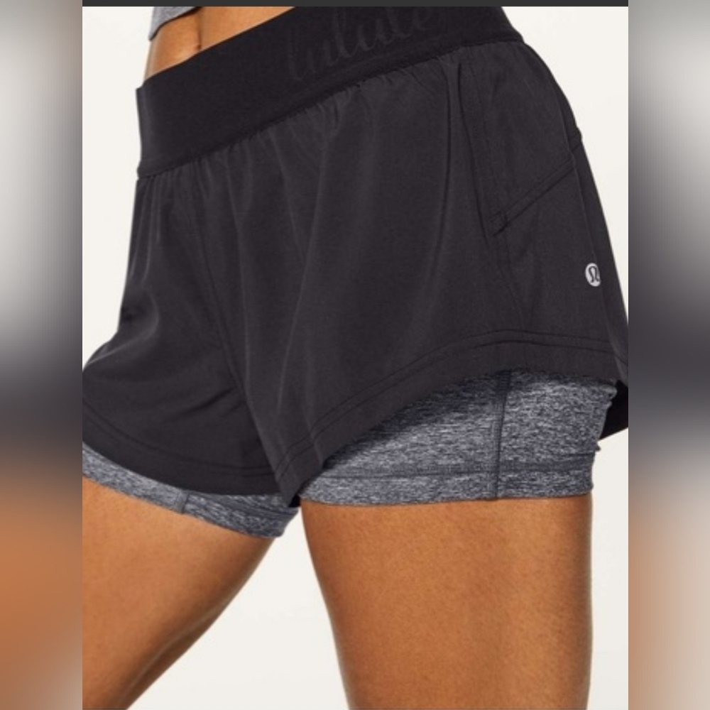 NWOT Lululemon Athletica Black and Grey Box It Out Shorts. Size 12